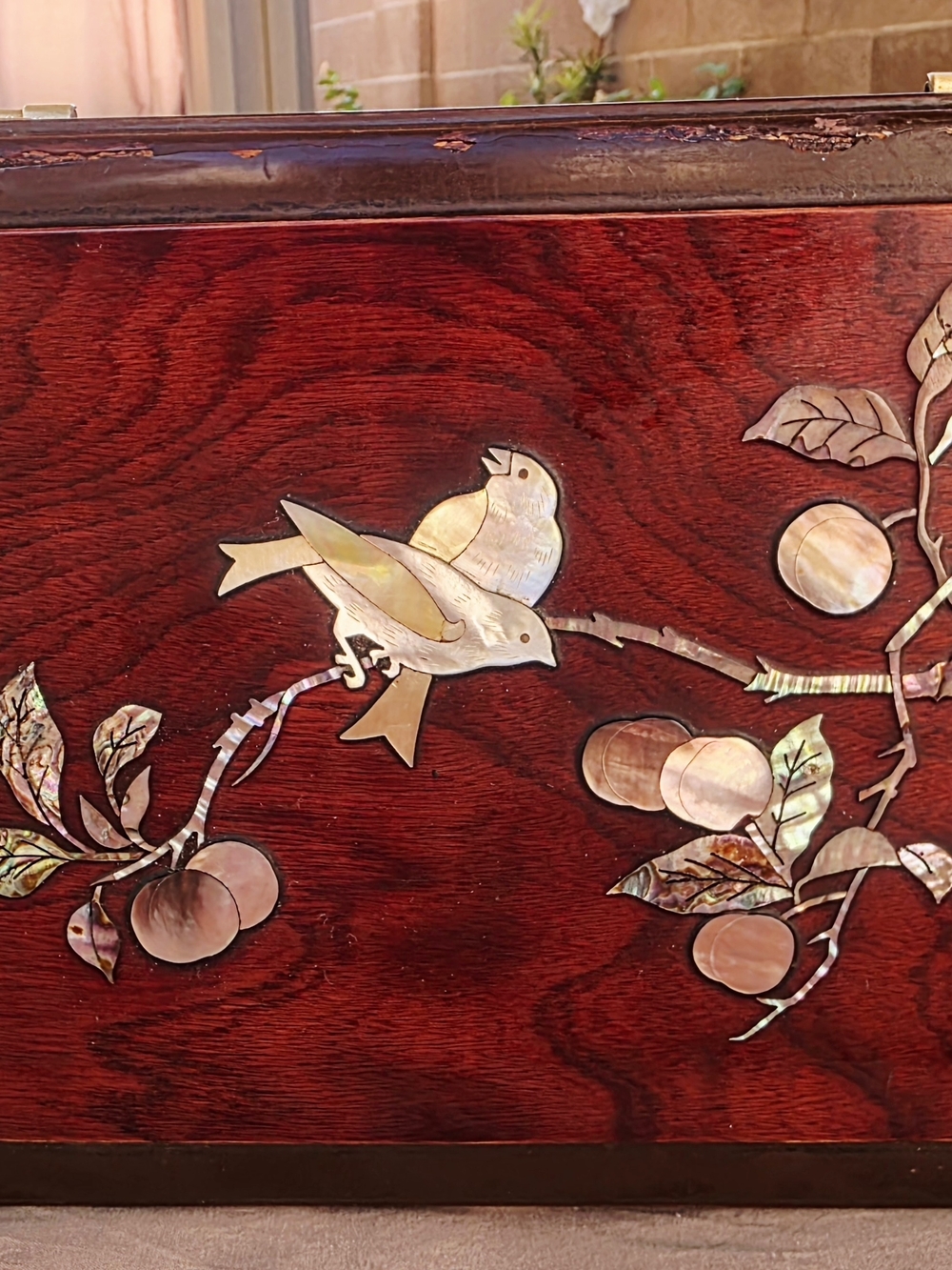 Asian Inlaid Mother-of-Pearl Bird & Fruit Wooden Box - Reddish Tone